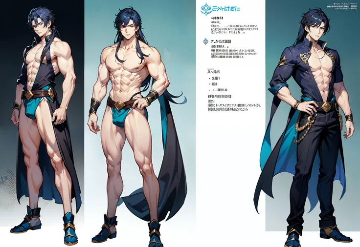 1boy, single, asian boy, in GRANBLUE FANTASY muscle style and Yusuke Murata, reference sheet, character design, front angle, side angle, rear angle, dynamic poses, tall male, muscle tall male, (masterpiece:1.2), (best quality:1.3), ice fantasy outfit, musc...