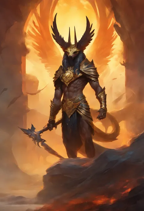 (high quality), photorealistic, (oil painting)
jewelry, (solo),
(dynamic pose), towards right, ((hell gate)), fire, hell landscape, (the underworld), (dark landscape),
anubis, egyptian jackal headed god, anthro, muscular, (holding golden scales), dynamic p...