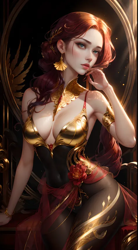 8K，Beautiful portrait with crimson hair，beautidful eyes，Gold-tone eyeliner，iintricate，ellegance，Highly meticulous，A majestic，Digital photography，Atkin and Nguyen Jia, and artistic surrealist paintings by Greg Rutkowski, Gold-plated phoenix gold thread edge...