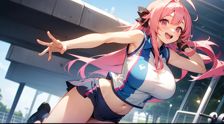 1 girl, game CG, sleeveless blue gym uniform, belly button visible, short skirt, hair ribbon, gigantic breasts, pink hair, long hair, straight hair, ahoge, pink eyes, outdoors, smiling, opening mouth, raising one arm,