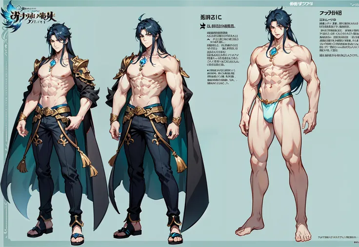 1boy, single, asian boy, in GRANBLUE FANTASY muscle style and Yusuke Murata, reference sheet, character design, front angle, side angle, rear angle, dynamic poses, tall male, muscle tall male, (masterpiece:1.2), (best quality:1.3), ice fantasy outfit, musc...