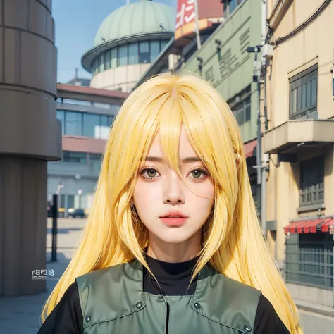 Real life adaption of this character , Korean beautiful face ,realistic yellow hairstyle,realistic same outfit,hyper realistic,realism,realistic light,realistic shadow(photorealistic:1.2),