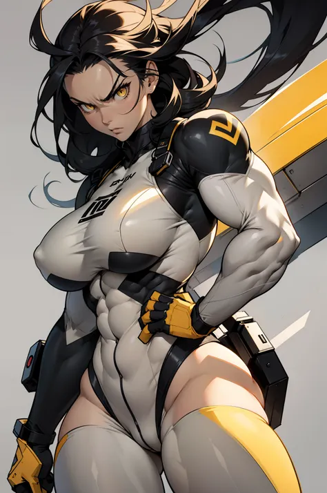 grey background, solo, 1 girl, bodysuit, very long hair, black hair, angry, yellow eyes, (((muscular))), ((huge tits)), (thick thighs)), ((wide hips)), pale skin