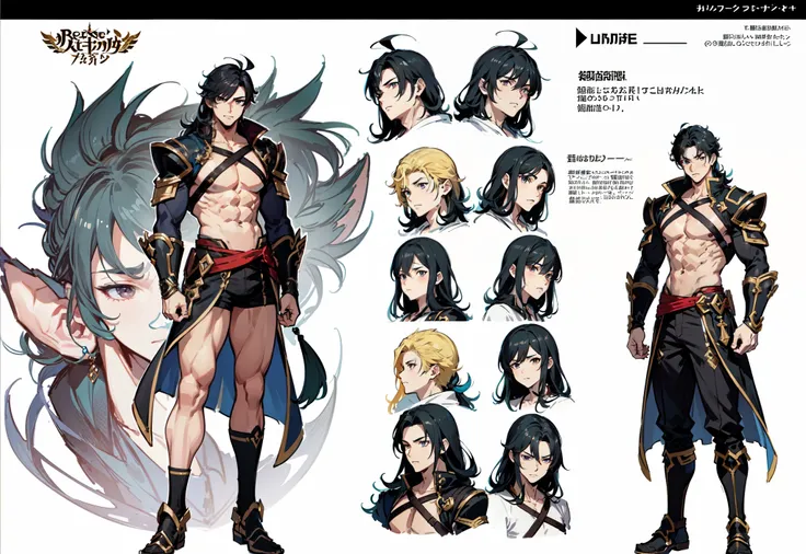 1boy, single, asian boy,  in GRANBLUE FANTASY style and Yusuke Murata, reference sheet, character design, front angle, side angle, rear angle, dynamic poses, tall man, muscle tall male, muscle handsome (masterpiece:1.2), (best quality:1.3), fantasy outfit,...