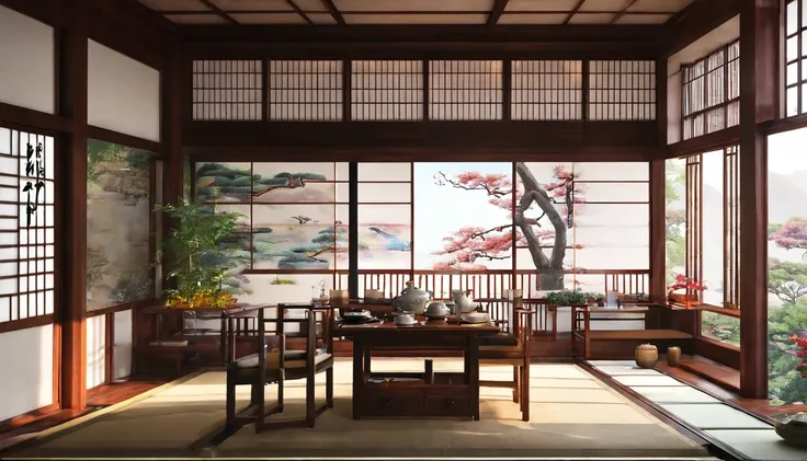 Image quality requirements:Highest image quality

Tea room layout：This Chinese tea room is designed to be serene and elegant。The room has a set of low, typical Chinese coffee tables，There is a teapot on top、Tea cups and tea leaves。The interior layout is si...