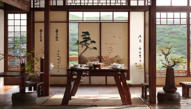 Image quality requirements:Highest image quality

Tea room layout：This Chinese tea room is designed to be serene and elegant。The room has a set of low, typical Chinese coffee tables，There is a teapot on top、Tea cups and tea leaves。The interior layout is si...