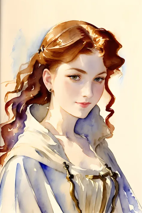 (((watercolor painting by singer sargent))) 21 year old beautiful woman, spaghetti strap dress, redhead, ((corkscrew hairstyle)) (((up turned eyes))) (((looking at viewer))) happy feminine smile, cloak and hoodie