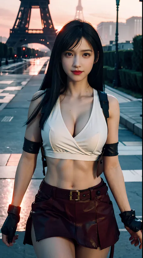 (Photorealistic: 1.4), Top quality, Very delicate and beautiful, high resolution, 1 Girl walking next to the Eiffel Tower，ff Tifa_lockhart,Red eyes，red pupils， Smile, Cowboy shot, Mini skirt, vests, Tight fitting shirts, Black hair, Long hair, Elbow gloves...