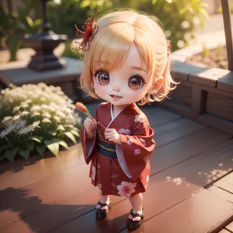 Cute Baby Chibi Anime、(((Chibi 3D))) (Best Quality), (masutepiece)、Red maxi length kimono, (plein air:1.2), (Red Spider Lily: 1.4) A detailed face、Open your mouth and smile、a small face、Detailed details、Standing、Spider Lily Ornament Hair Ornament