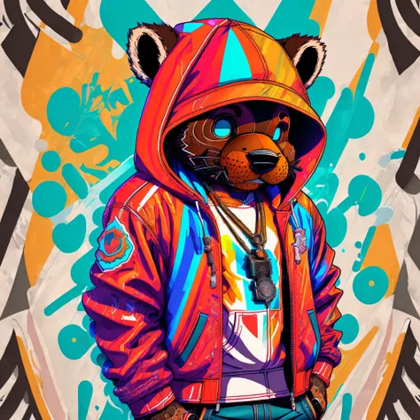 "(best quality,ultra-detailed,realistic:1.37),digital illustration of Rap Bear,hooded jacket([unique details],[vibrant colors]),backwards cap,exclusive pendant on a chain,fierce attitude,microphone in hand,urban street art style,cool graffiti background"