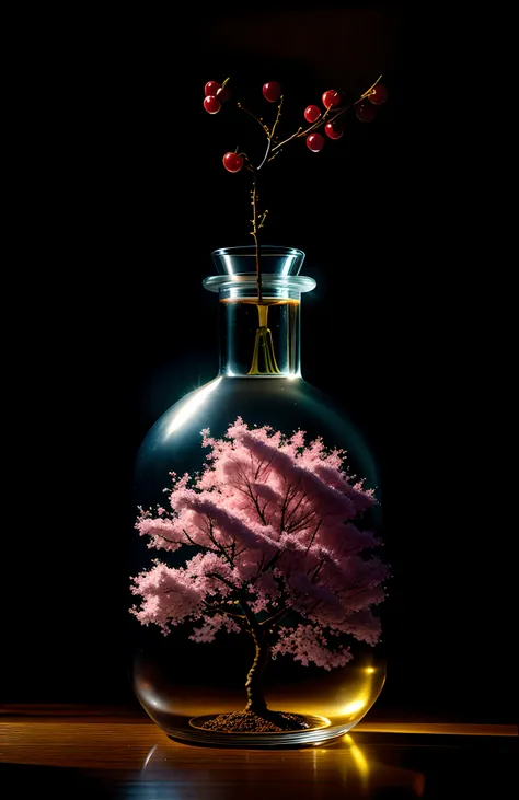 Cherry tree in a bottle, fluffy, realistic, atmospheric light refraction, photographed by lee jeffries, nikon d850 film Stock Photo 4 Kodak portra 400 camera f1.6 lens, rich colors, ultra realistic realistic textures, dramatic lighting, unreal engine trend...