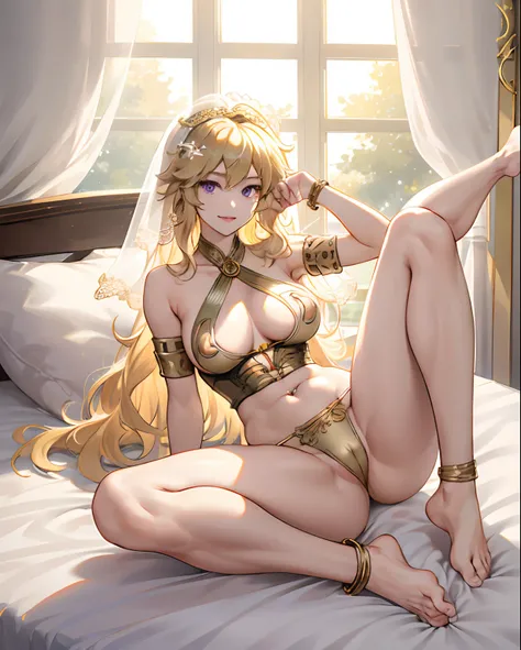 Yang xiao long, masterpiece, best quality, ultra-detailed, 1girl, solo, looking at viewer, (curvy:1.1), large breasts, blonde hair, long hair, (wavy hair:1.1), purple eyes, , (breasts apart:1.3), groin, (pasties:1.3), neck ring, armlet, bracelet, (thighlet...