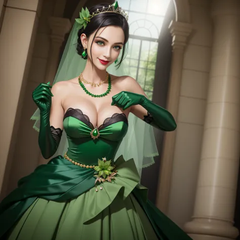 Boyish very short black hair, lipsticks, Japan woman smiling, Green Long Grove, Long green gloves made of satin material, lipsticks, Japan woman smiling, Satin green long gloves,　emerald tiara, Green Pearl Necklace, verd s eyes, Green eyes, Long green glov...