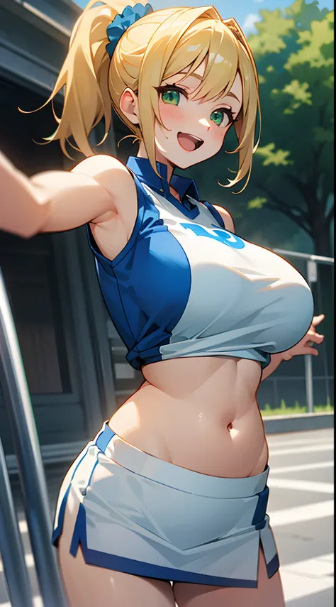 1 girl, game CG, sleeveless blue gym uniform, belly button visible, short white skirt, hair scrunchie, gigantic breasts, blonde, middle hair, side ponytail, green eyes, outdoor, smile, open mouth, raise one arm,