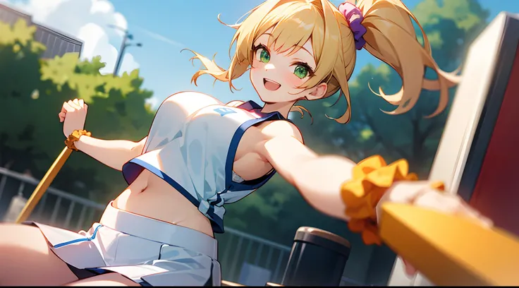 1 girl, game CG, sleeveless blue gym uniform, belly button visible, short white skirt, hair scrunchie, gigantic breasts, blonde, middle hair, side ponytail, green eyes, outdoor, smile, open mouth, raise one arm,