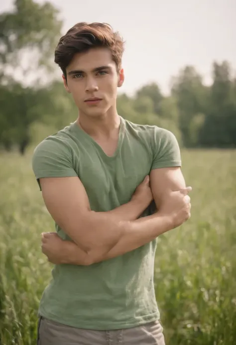 retrato de homens jovem e bonitos,22 anos, fanatical face, in green field on sharp focus background, Studio Photography, detalhes intrincados, altamente detalhado, Esmaltado,mysterious lighting,upper body