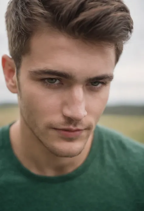 retrato de homens jovem e bonitos,22 anos, fanatical face, in green field on sharp focus background, Studio Photography, detalhes intrincados, altamente detalhado, Esmaltado,mysterious lighting,upper body