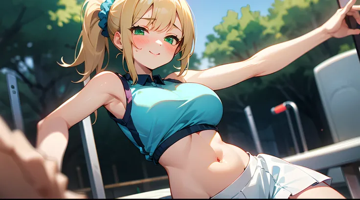 1 girl, game CG, sleeveless blue gym uniform, belly button visible, short white skirt, hair scrunchie, gigantic breasts, blonde, middle hair, side ponytail, green eyes, outdoor, pov, eyes closed, blush,