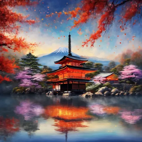 (high quality,masterpiece:1.2), Soft focus, Bright gradient watercolor, Dreamy, White background, Temples in Kyoto, Lake with colorful carps.