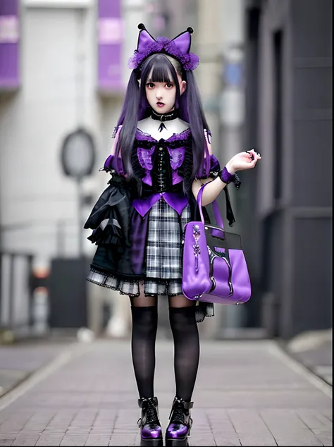 Alafe and purple bag dressed in purple and black costume, pastel goth, witch clothing, pastel goth aesthetic, Lolita style, angelic pretty, Lolita Fashion, dollpunk, 1 7 - year - old anime goth girl, Gothic clothes, Purple and black clothes, Goth Unk Cloth...