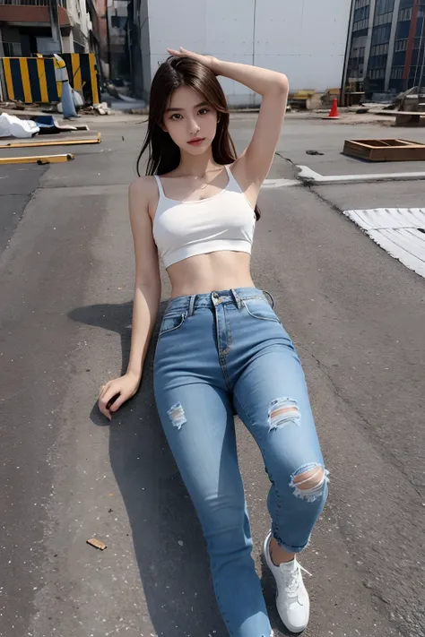 Girl in white bra and tight denim skirt posing for photo, full body, with cropped T-shirt, bra, slim body, smaller bust, slim girl model, 24-year-old female model, lying on the construction site, a group of black men onlooking