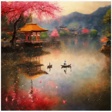 (best quality, masterpiece:1.2), Soft focus, Bright gradient watercolor, Dreamy, White background, Temples in Kyoto, Lake with colorful carps.