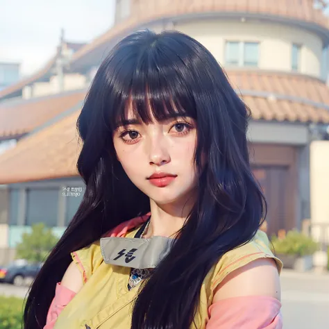 Real life adaption of this character , Korean beautiful face ,realistic black same hairstyle with bangs,realistic same outfit ,hyper realistic,realism,realistic light,realistic shadow(photorealistic:1.2),