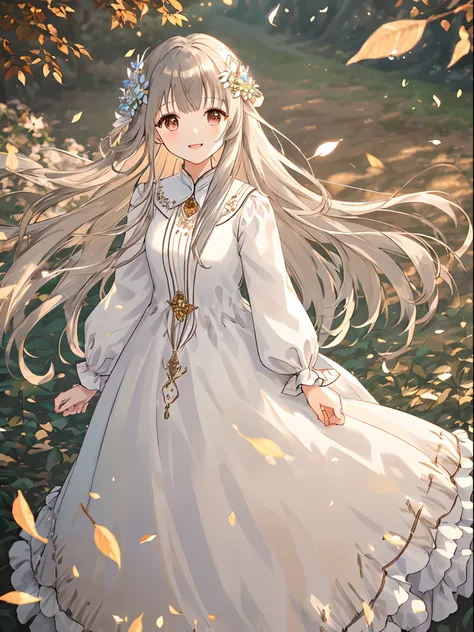 Brown and white long dress　Pretty girl　Long light blue hair smile　Black eyes　Photo of partially fallen leaves fluttering　Illuminated by the setting sun、Dress and hair fluttering in the wind　Face Highlights