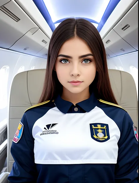 calidad superior, obra maestra, 8k, ultra-high def, (fotorrealista: 1.4), 1 girl, Cara hermosa, eyes symmetrical, grande, proporciones corporales perfectas, Uniforme  de azafata rojo, aspecto del espectador, (Inside the plane: 1.2), Front view, Salto de ho...