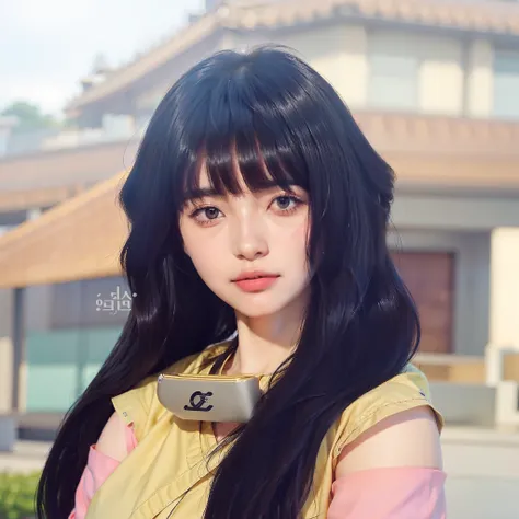 Real life adaption of this character , Korean beautiful face ,realistic black same hairstyle with bangs,realistic same outfit ,hyper realistic,realism,realistic light,realistic shadow(photorealistic:1.2),