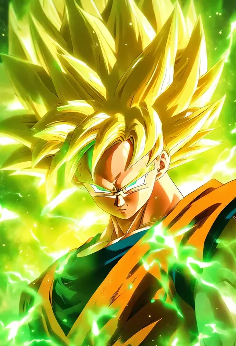 master part,UHD,circunstanciado,alta qualidade,1 menino, Filho Goku,Dragon Ball Z Anime, IG laranja, blonde hair,Super Saiyajin, olhos verdes