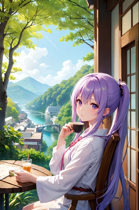 （top-quality）、Girl drinking coffee on café terrace early in the morning、poneyTail、eye glass、Hold the coffee cup with both hands、Relax and sit in a chair、Angle from diagonally forward、Remote Location、There is a cake and a half-read book on the table、（White ...