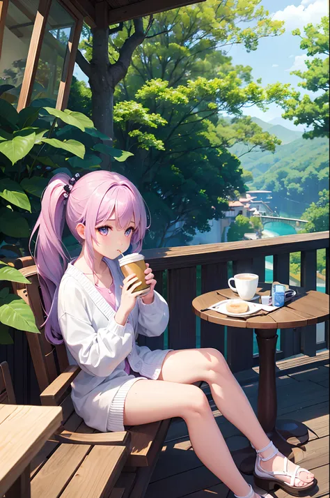 （top-quality）、Girl drinking coffee on café terrace early in the morning、poneyTail、eye glass、Hold the coffee cup with both hands、Relax and sit in a chair、Angle from diagonally forward、Remote Location、There is a cake and a half-read book on the table、（White ...