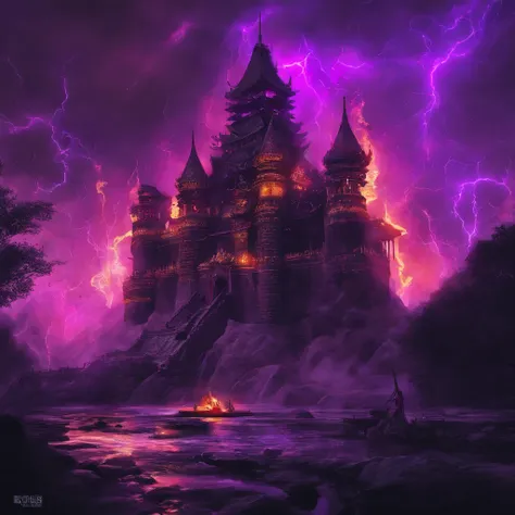 In heavy rain，（（A huge castle complex of ancient square-topped stones burning in the fire））The picture quality is excellent，Lightning，Yellow light fog，电影灯光，Natural, realistic colors，Full composition，The style refers to Van Gogh，Subject content，Burning wood...