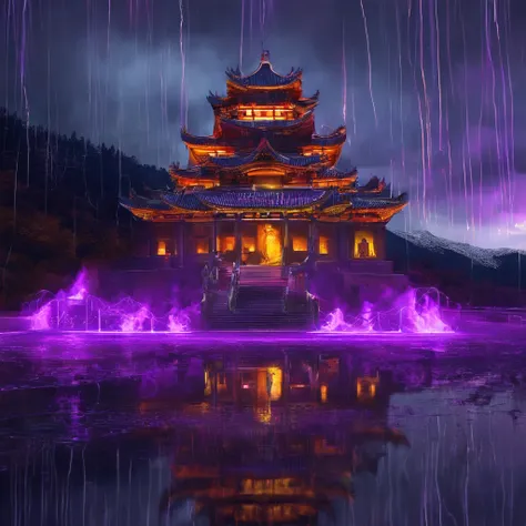 In heavy rain，（（A huge castle complex of ancient square-topped stones burning in the fire））The picture quality is excellent，Lightning，Yellow light fog，电影灯光，Natural, realistic colors，Full composition，The style refers to Van Gogh，Subject content，Burning wood...