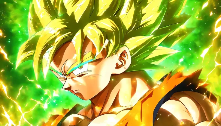 master part,UHD,circunstanciado,alta qualidade,1 menino, Filho Goku,Dragon Ball Z Anime, IG laranja, blonde hair,Super Saiyajin, olhos verdes