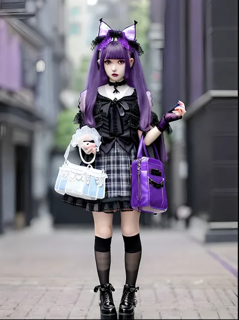 Alafe and purple bag dressed in purple and black costume, pastel goth, witch clothing, pastel goth aesthetic, Lolita style, angelic pretty, Lolita Fashion, dollpunk, 1 7 - year - old anime goth girl, Gothic clothes, Purple and black clothes, Goth Unk Cloth...