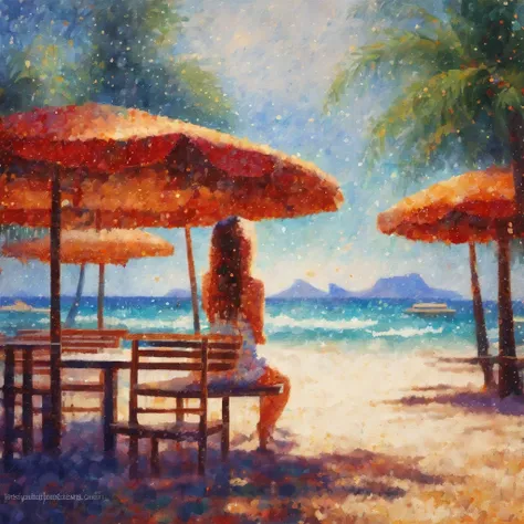 (best quality,masterpiece:1.2),soft focus,bright gradient watercolor,dreamy,white background,girl,cafes,Ipanema beach.