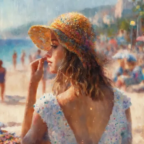 (best quality,masterpiece:1.2),soft focus,bright gradient watercolor,dreamy,white background,girl,cafes,Ipanema beach.