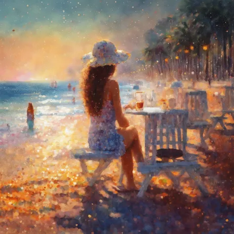 (best quality,masterpiece:1.2),soft focus,bright gradient watercolor,dreamy,white background,girl,cafes,Ipanema beach.