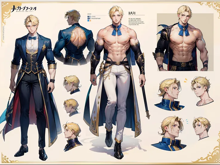 ((Masterpiece, Highest quality)), Detailed face, character design sheet， full bodyesbian, Full of details, Multiple expressions, Highly detailed, Depth, Many parts, Muscle boy with blonde hair，handsome man, muscle body, outfit male gods, man tall