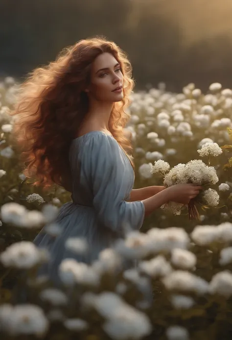 jovem mulher, cabelos castanhos, She is picking white flowers in a field of flowers, fim de tarde, frescor, Natureza, sol, Realistic, 8k, full body resolution concept art, Realistic, pintura fosca detalhada, cor profunda, genial, detalhes intrincados, tela...