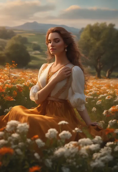 jovem mulher, cabelos castanhos, She is picking white flowers in a field of flowers, fim de tarde, frescor, Natureza, sol, Realistic, 8k, full body resolution concept art, Realistic, pintura fosca detalhada, cor profunda, genial, detalhes intrincados, tela...