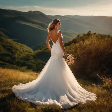 Beautiful girl in wedding dress, scenic landscape, Fashion model