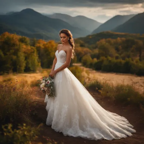 Beautiful girl in wedding dress, scenic landscape, Fashion model