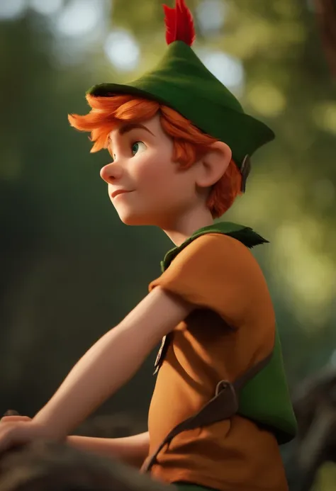 masterpiece, best quality, 1boy, peter pan, solo, closeup, short hair, orange hair, green collared shirt, short sleeves, hat feather, male focus, pointy ears,upper body