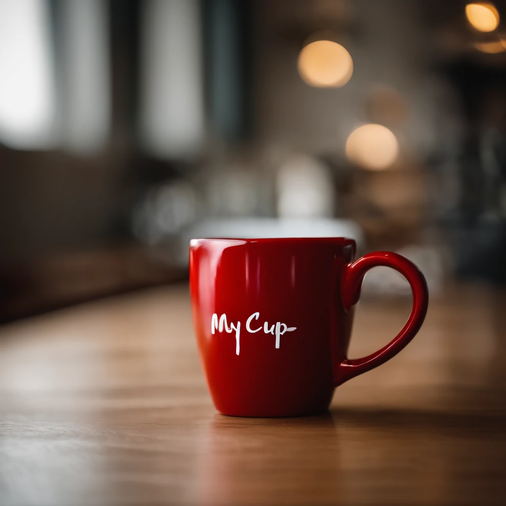 an extreme closeup shot：A delicate red mug，The cup has the white word "MY CUP" on it，Depth of field 1.8，Right light