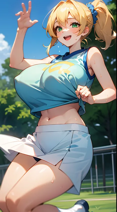 1 girl, game CG, see-through sleeveless blue gym uniform, belly button visible, short white skirt, hair scrunchie, gigantic breasts, blonde, middle hair, side ponytail, green eyes, outdoor, jumping, sweat, smile, open mouth,