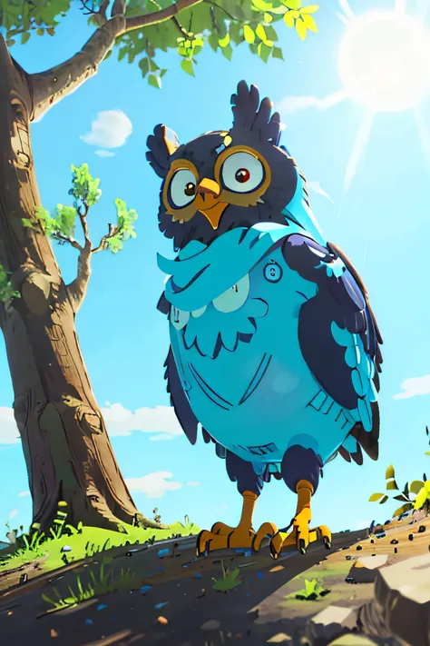 Blue owl，On a separate tree in the steppe，and the sun was shining brightly，There is a fresh breeze