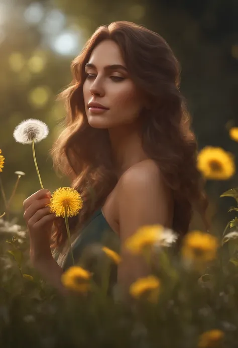 jovem mulher, cabelos castanhos, Shes smelling a white dandelion flower she picked in a field of flowers, dia ensolarado, frescor, Natureza, sol, Realistic, 8k, full body resolution concept art, Realistic, pintura fosca detalhada, cor profunda, genial, det...